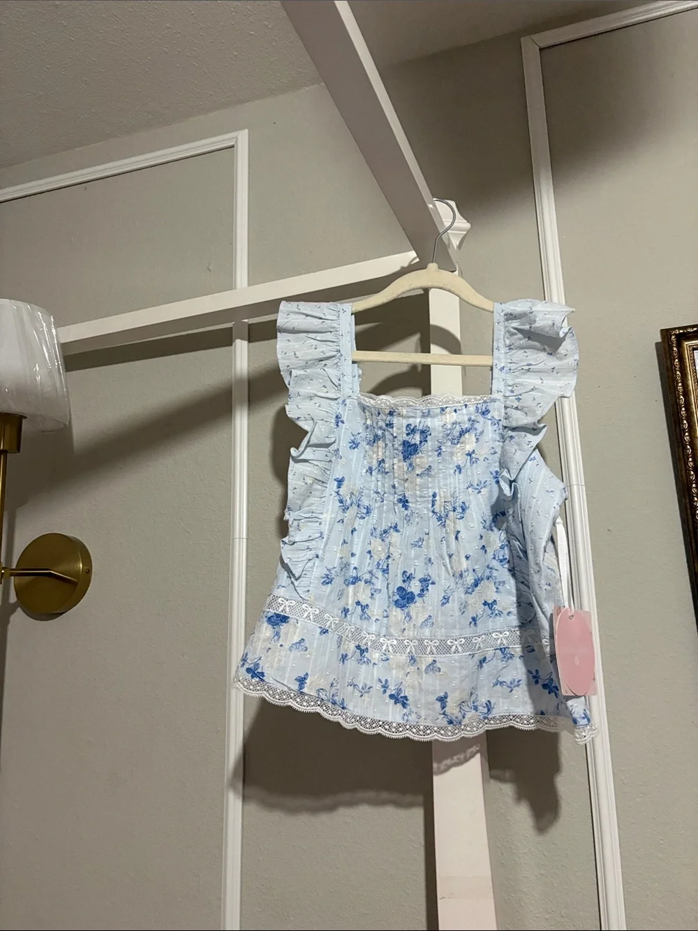 LoveShackFancy Light Blue Floral Ruffle Blouse for Girls
